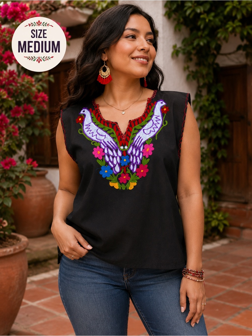 Mexican Embroidered Black Sleeveless V-Neck Women's Top with Colorful Bird Motif